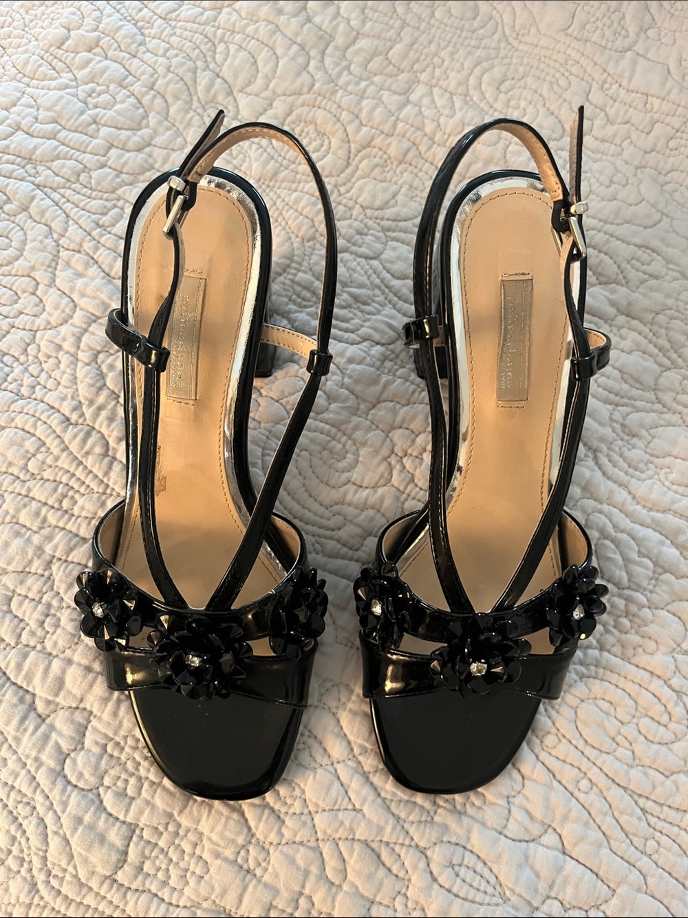 Black Floral Embellished Slingback Sandals with Block Heels - Women Size 39